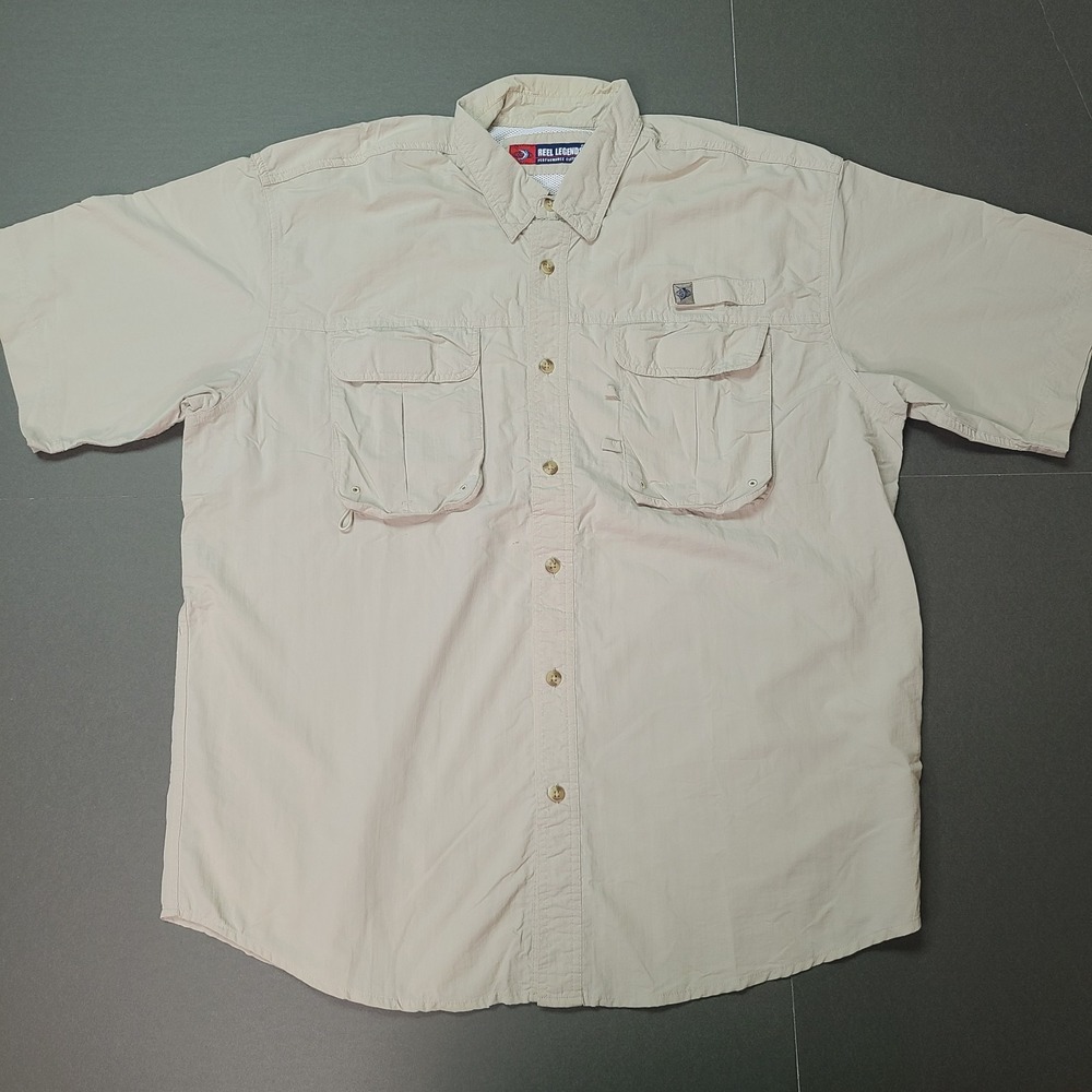 Reel Legends Performance Fishing Shirt Mens XL Vented Beige Nylon Pockets